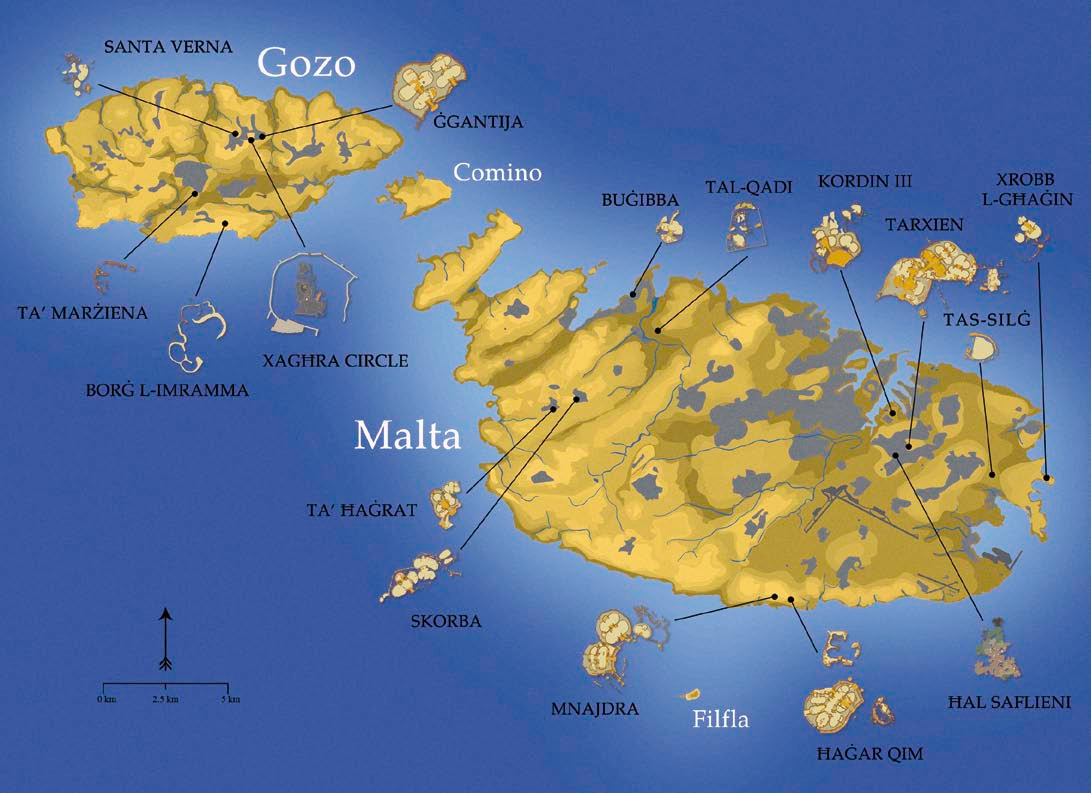 Map of Malta with the Neolithic Temple sites